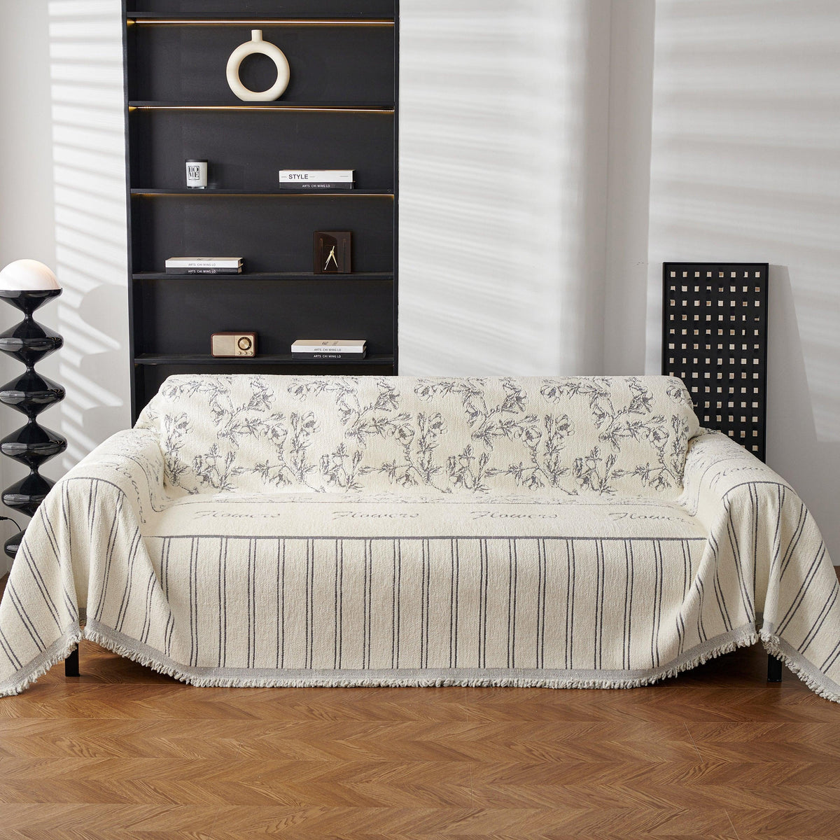 Chenille Striped Floral Couch Cover Sofa Slipcover for Most Shape Sofas, Reversible Sofa Throw Cover