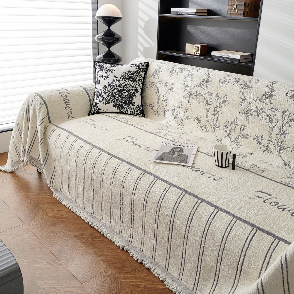 Chenille Striped Floral Couch Cover Sofa Slipcover for Most Shape Sofas, Reversible Sofa Throw Cover