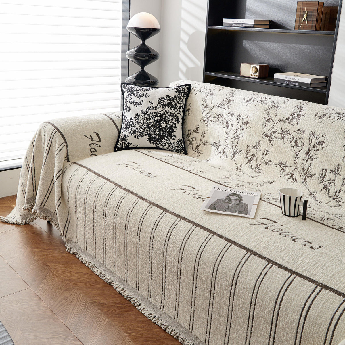 Chenille Striped Floral Couch Cover Sofa Slipcover for Most Shape Sofas, Reversible Sofa Throw Cover