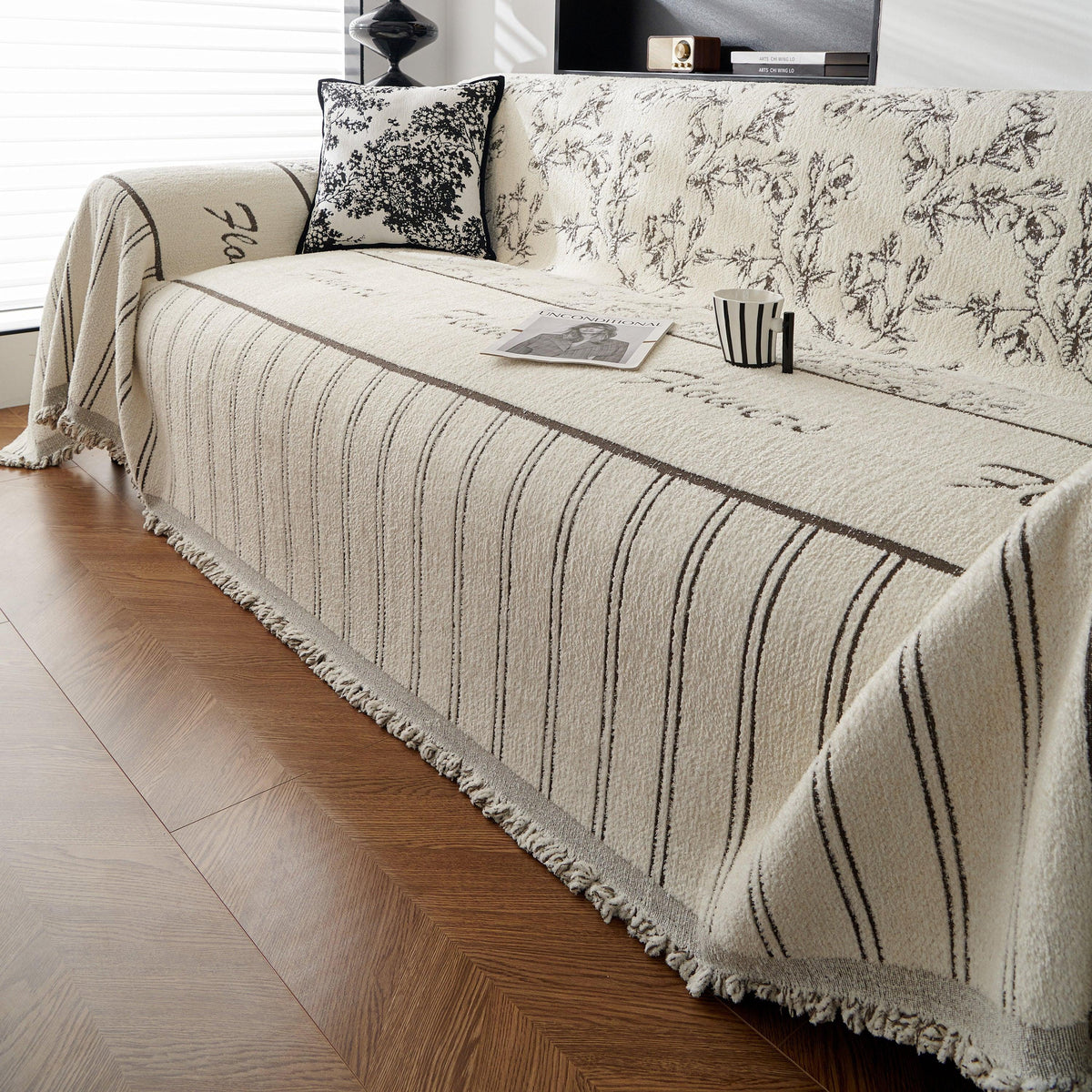 Chenille Striped Floral Couch Cover Sofa Slipcover for Most Shape Sofas, Reversible Sofa Throw Cover