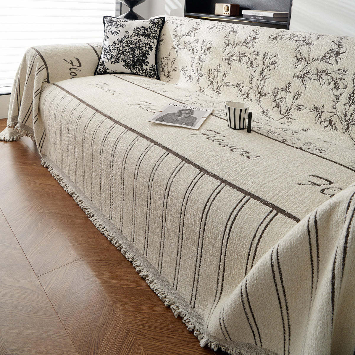 Chenille Striped Floral Couch Cover Sofa Slipcover for Most Shape Sofas, Reversible Sofa Throw Cover