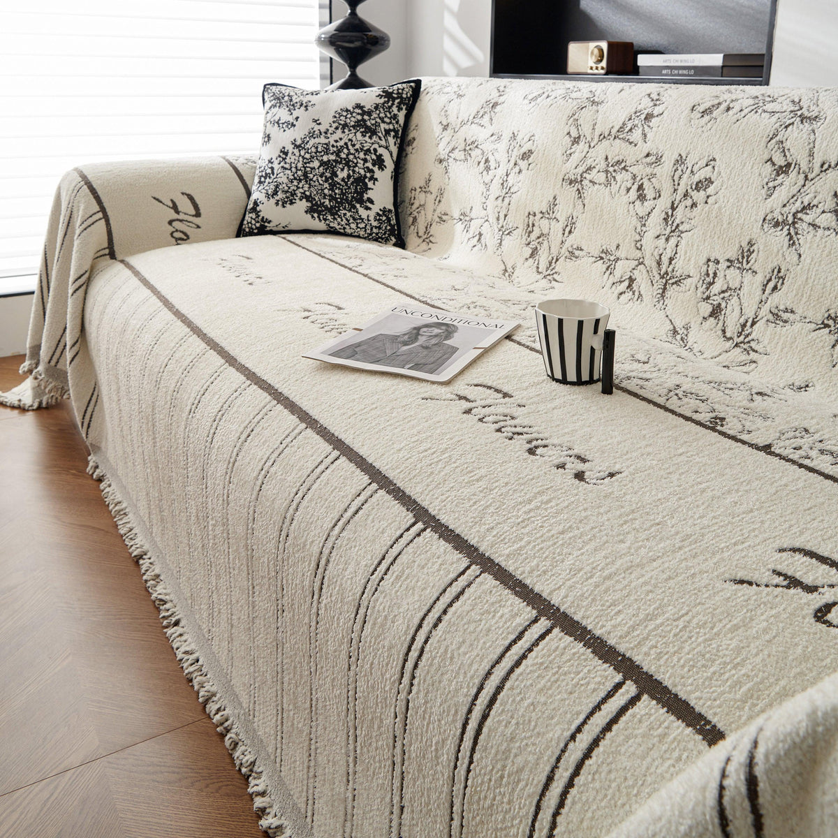 Chenille Striped Floral Couch Cover Sofa Slipcover for Most Shape Sofas, Reversible Sofa Throw Cover