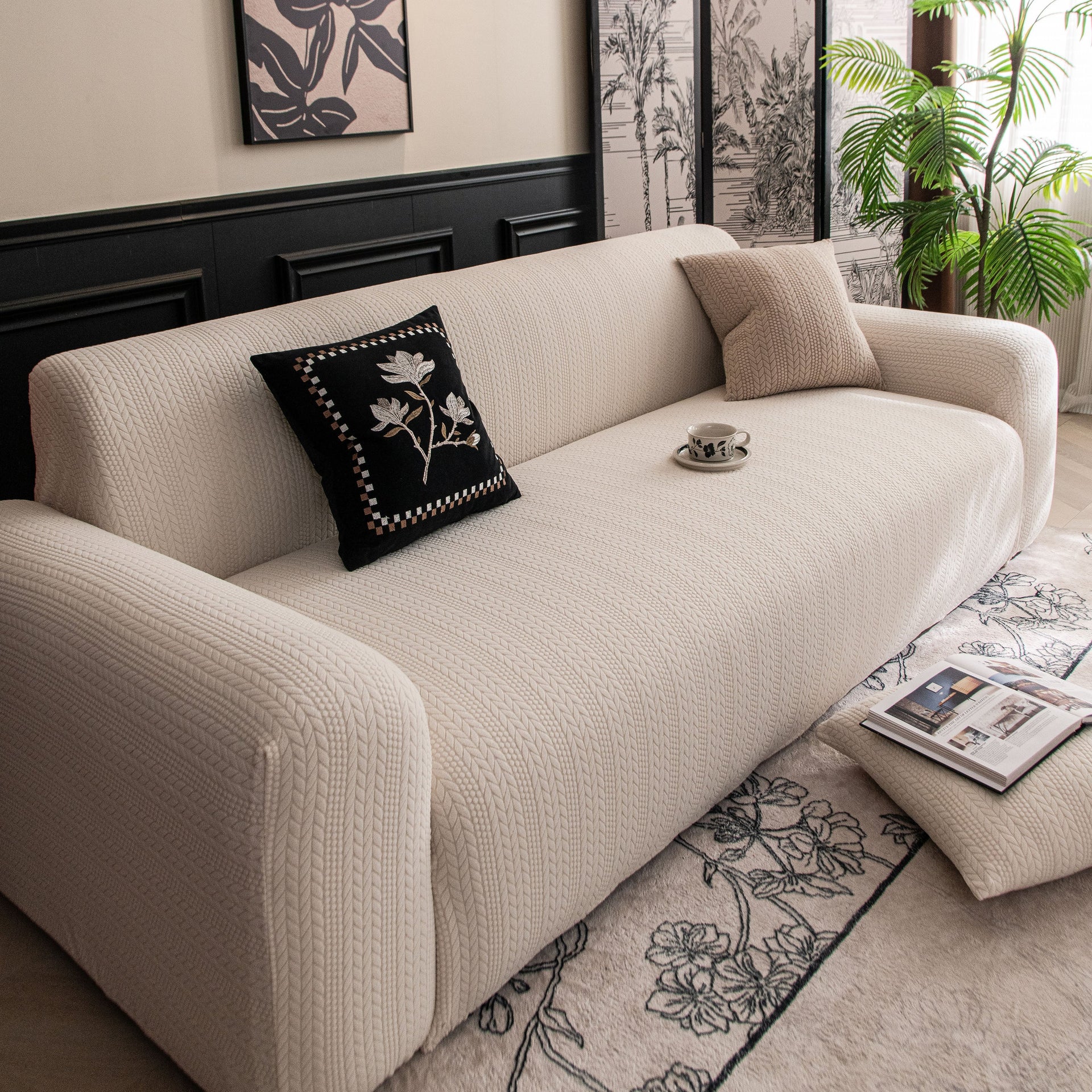 High Stretch Wheat Ear Embossed Textured Couch Slipcover, Water Repellent Sofa Cover