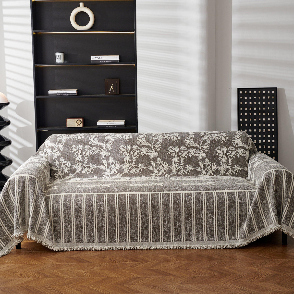 Chenille Striped Floral Couch Cover Sofa Slipcover for Most Shape Sofas, Reversible Sofa Throw Cover