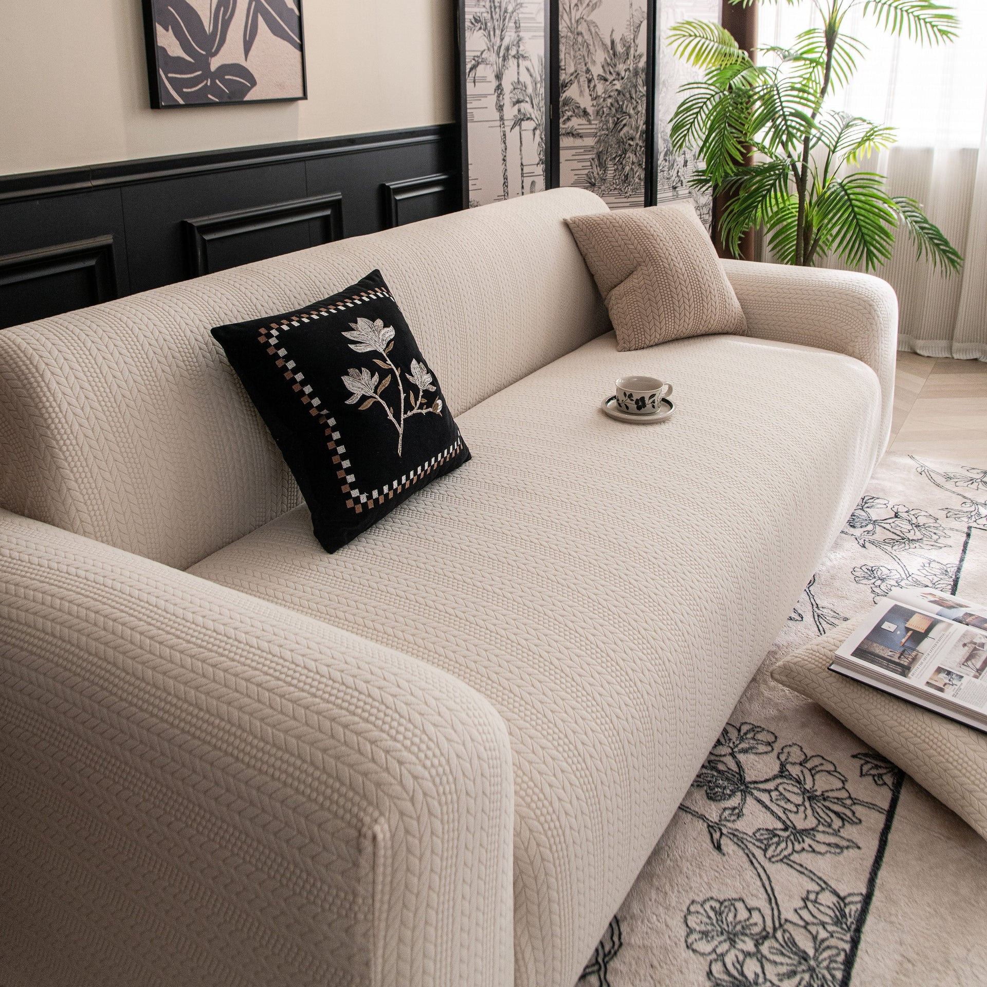 High Stretch Wheat Ear Embossed Textured Couch Slipcover, Water Repellent Sofa Cover