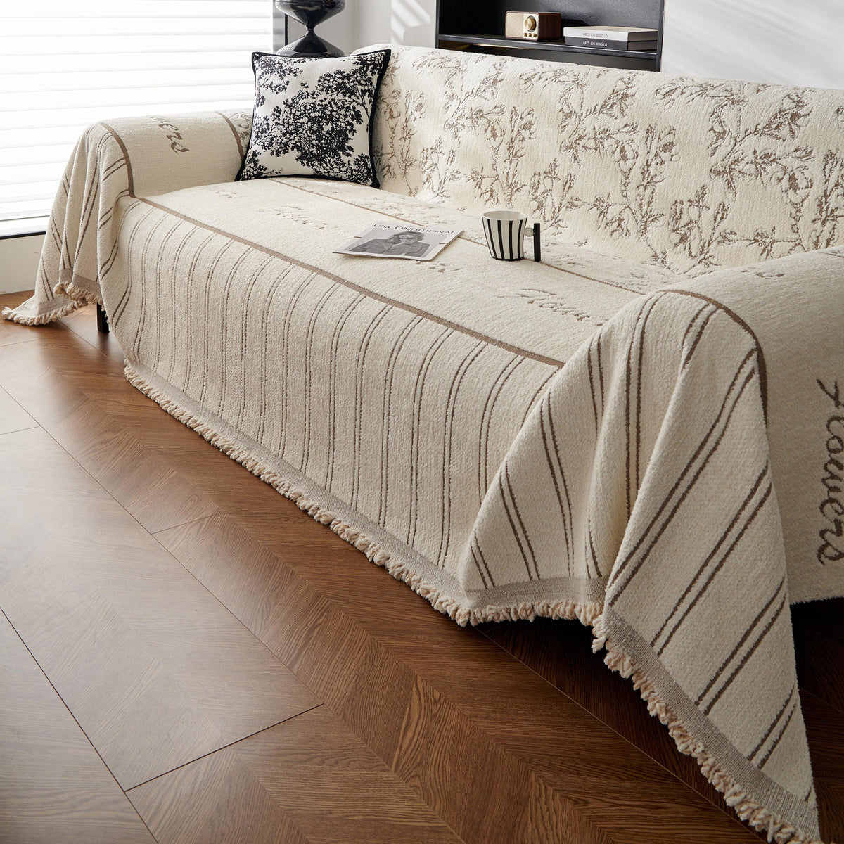 Chenille Striped Floral Couch Cover Sofa Slipcover for Most Shape Sofas, Reversible Sofa Throw Cover