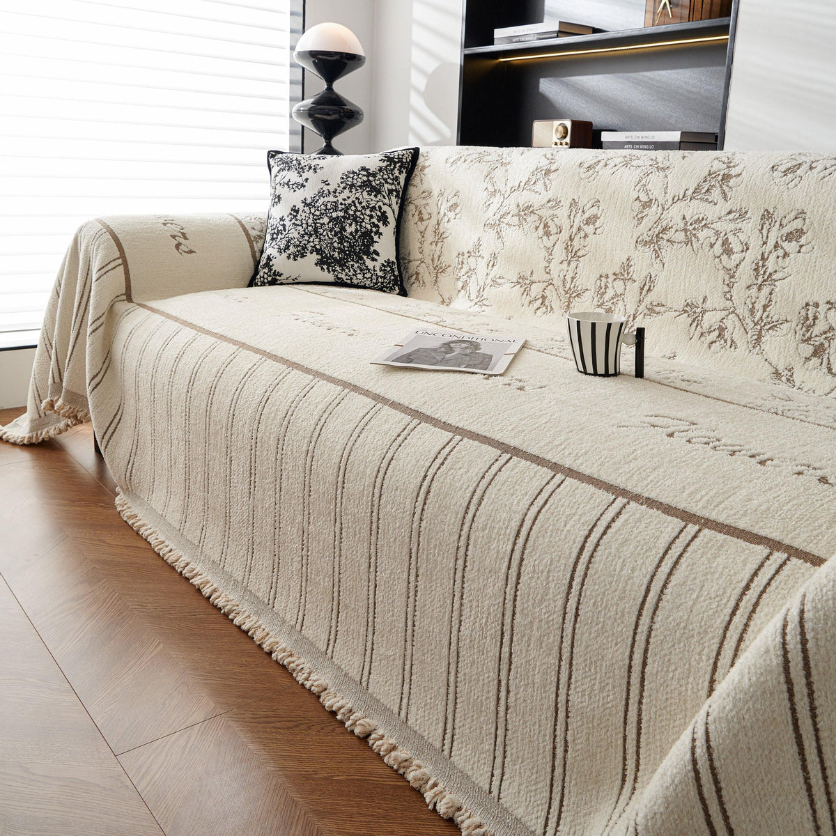 Chenille Striped Floral Couch Cover Sofa Slipcover for Most Shape Sofas, Reversible Sofa Throw Cover