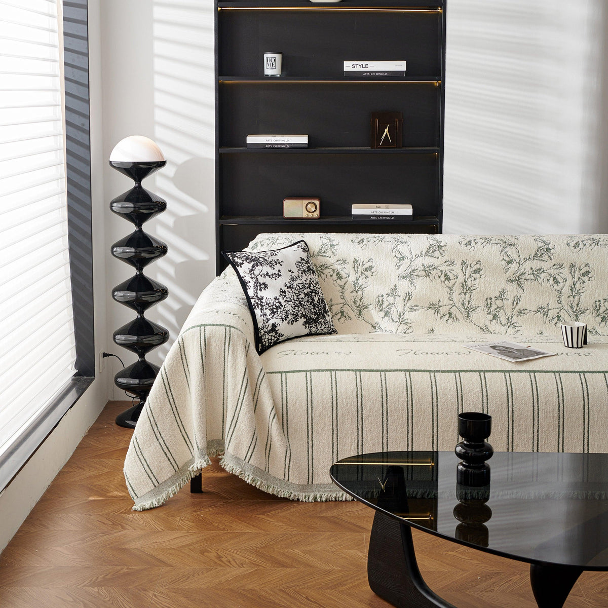 Chenille Striped Floral Couch Cover Sofa Slipcover for Most Shape Sofas, Reversible Sofa Throw Cover