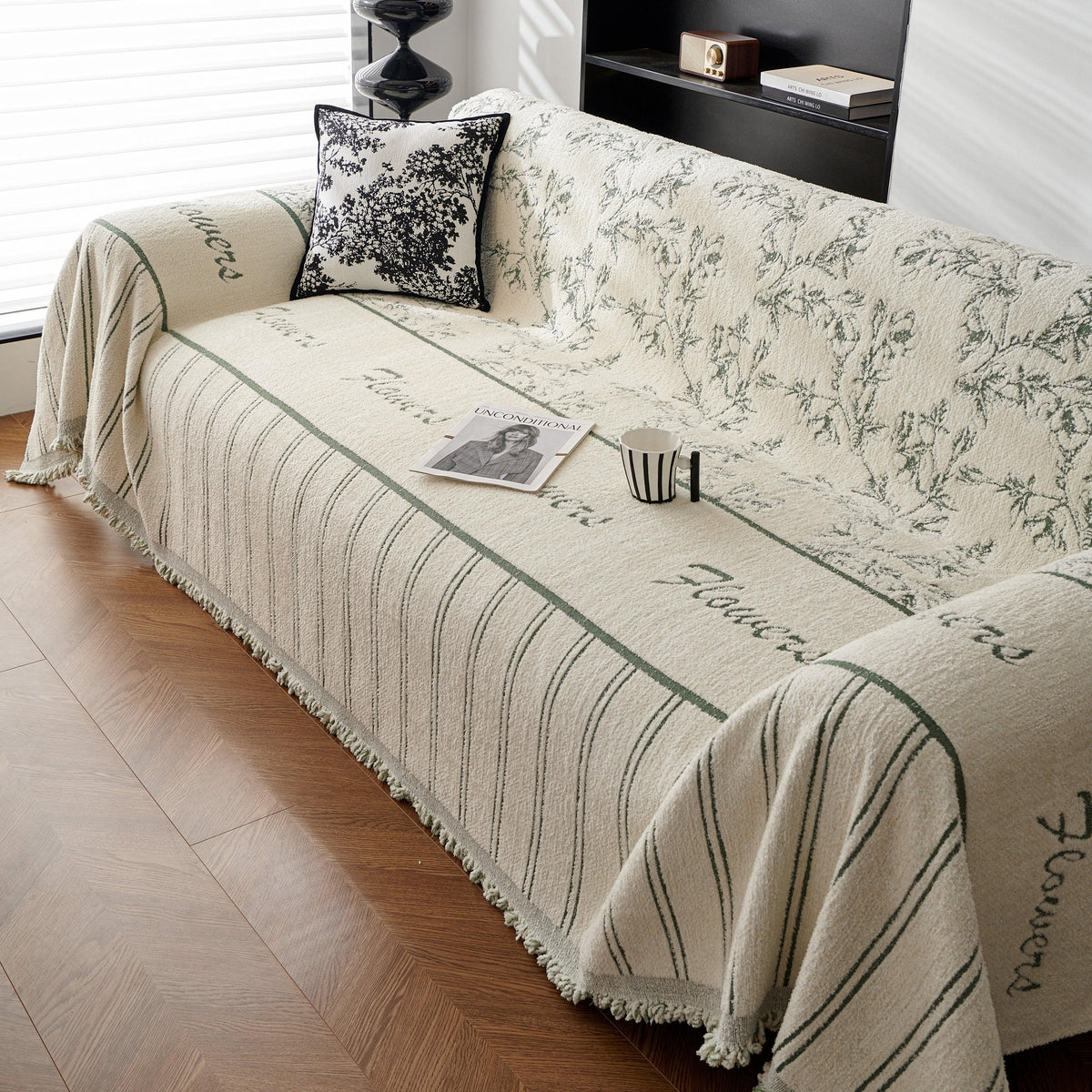 Chenille Striped Floral Couch Cover Sofa Slipcover for Most Shape Sofas, Reversible Sofa Throw Cover