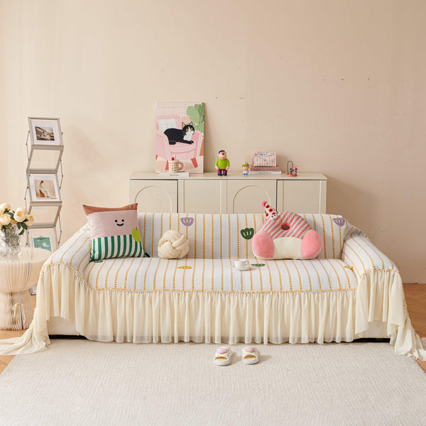 Cute Dotted Stripe Couch Protector, Non-Slip Washable Sofa Cover with Ruffled Skirt
