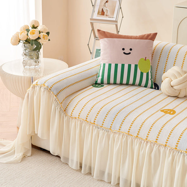 Cute Dotted Stripe Couch Protector, Non-Slip Washable Sofa Cover with Ruffled Skirt