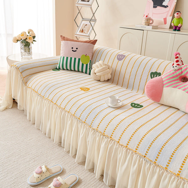 Cute Dotted Stripe Couch Protector, Non-Slip Washable Sofa Cover with Ruffled Skirt
