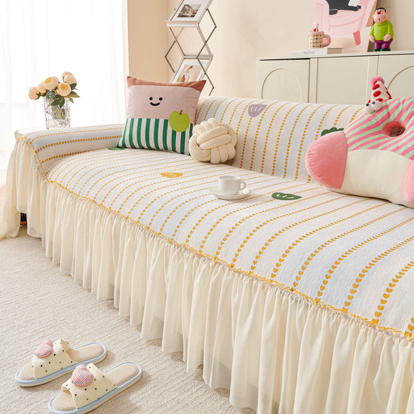 Cute Dotted Stripe Couch Protector, Non-Slip Washable Sofa Cover with Ruffled Skirt