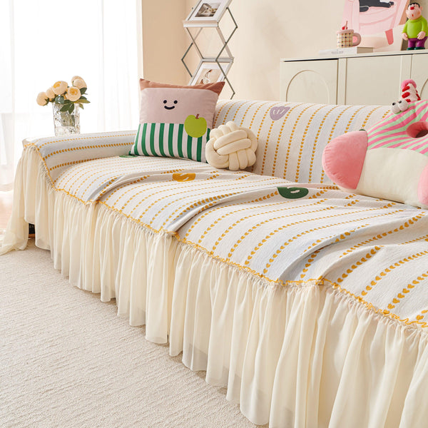 Cute Dotted Stripe Couch Protector, Non-Slip Washable Sofa Cover with Ruffled Skirt