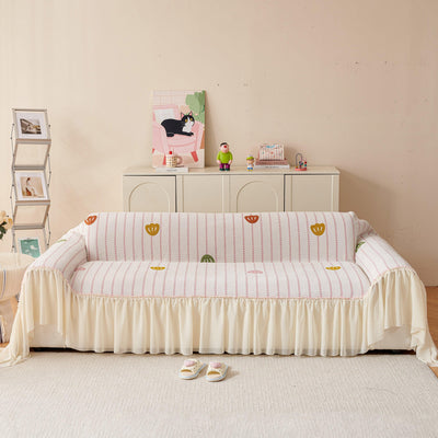 Cute Dotted Stripe Couch Protector, Non-Slip Washable Sofa Cover with Ruffled Skirt