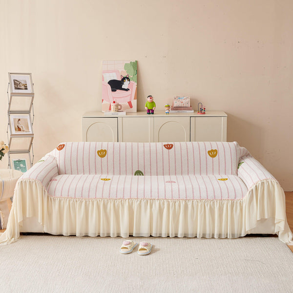Cute Dotted Stripe Couch Protector, Non-Slip Washable Sofa Cover with Ruffled Skirt