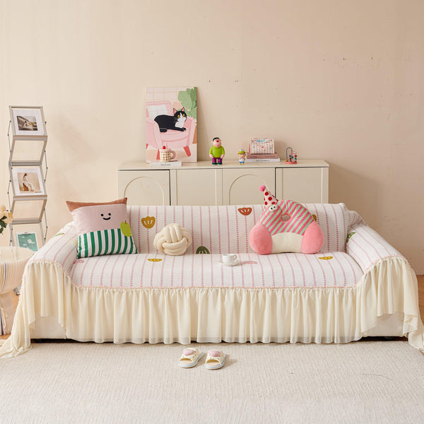 Cute Dotted Stripe Couch Protector, Non-Slip Washable Sofa Cover with Ruffled Skirt
