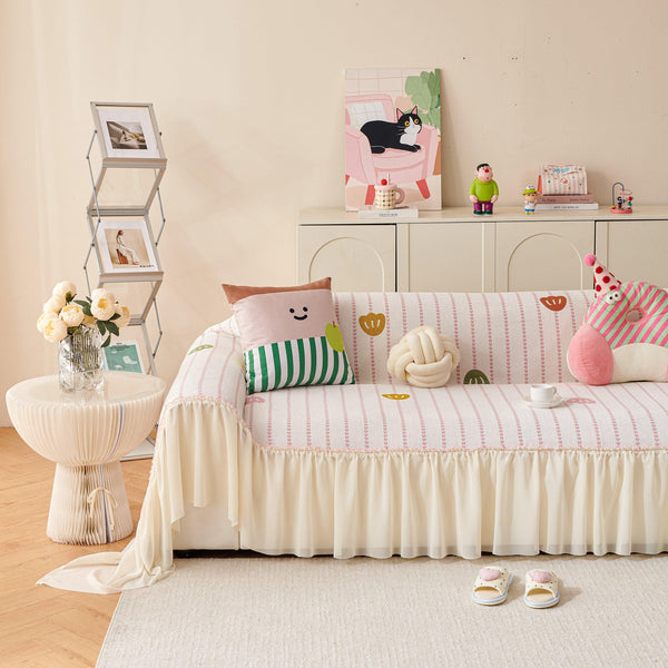 Cute Dotted Stripe Couch Protector, Non-Slip Washable Sofa Cover with Ruffled Skirt