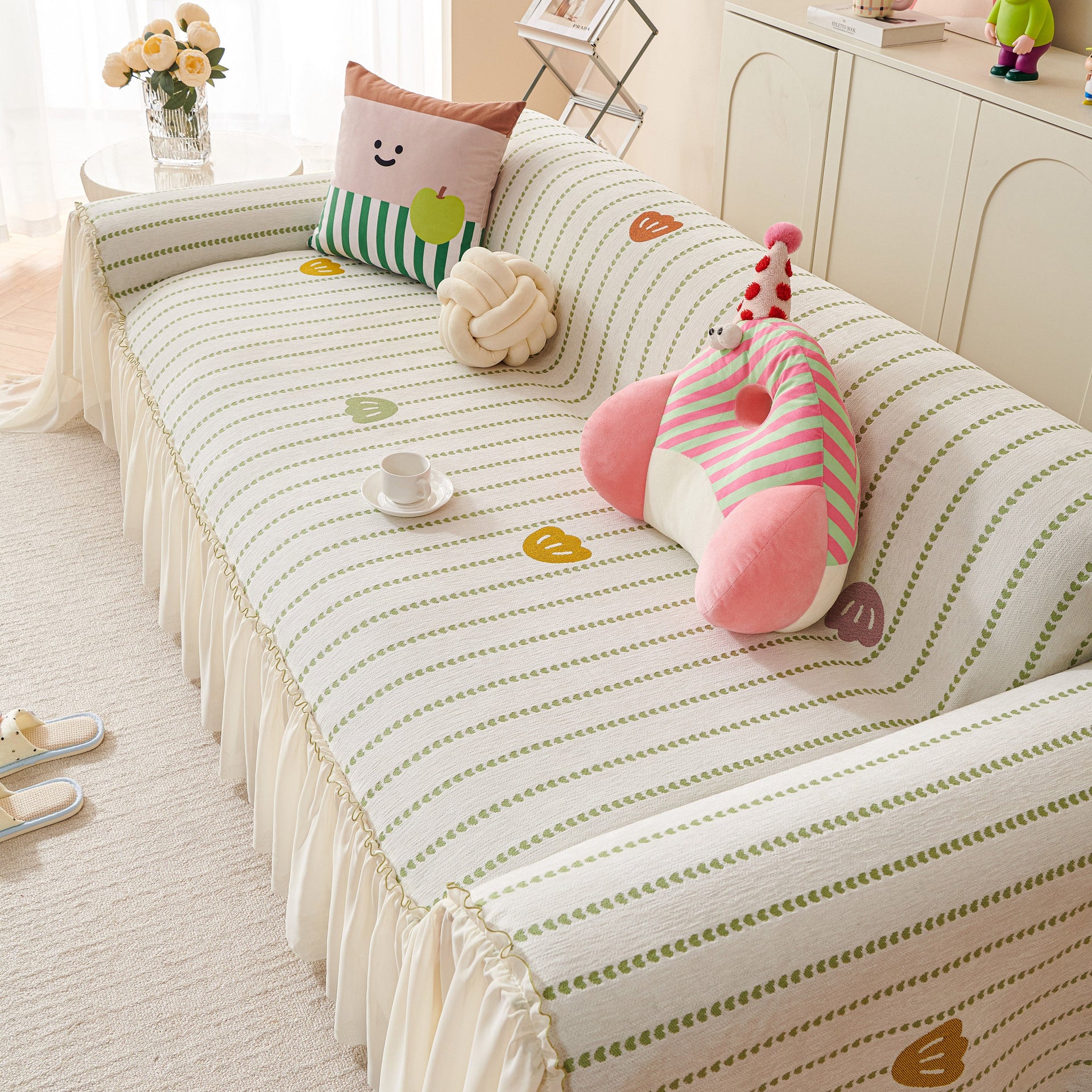 Cute Dotted Stripe Couch Protector, Non-Slip Washable Sofa Cover with Ruffled Skirt