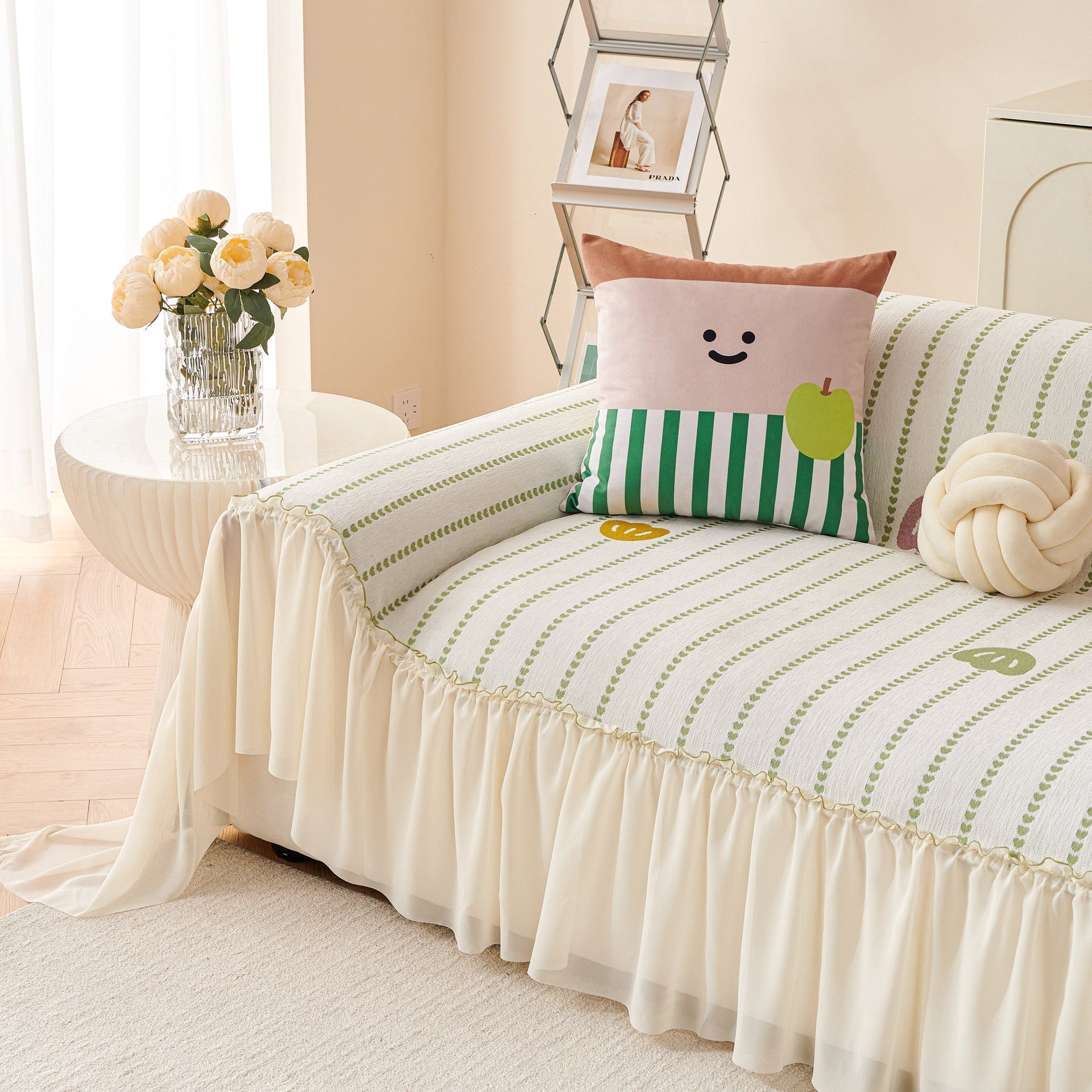 Cute Dotted Stripe Couch Protector, Non-Slip Washable Sofa Cover with Ruffled Skirt