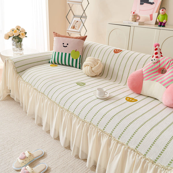 Cute Dotted Stripe Couch Protector, Non-Slip Washable Sofa Cover with Ruffled Skirt