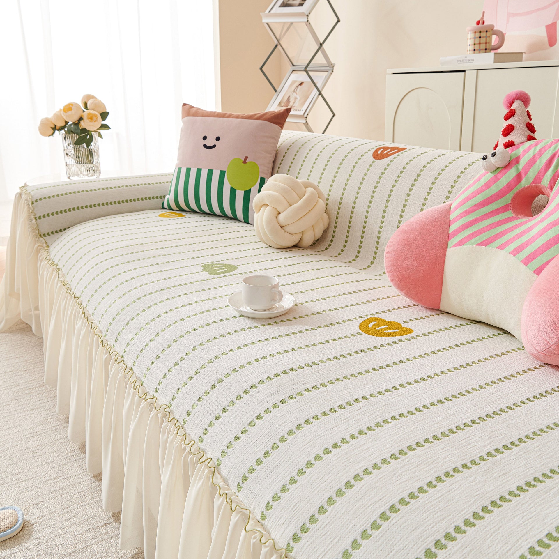 Cute Dotted Stripe Couch Protector, Non-Slip Washable Sofa Cover with Ruffled Skirt