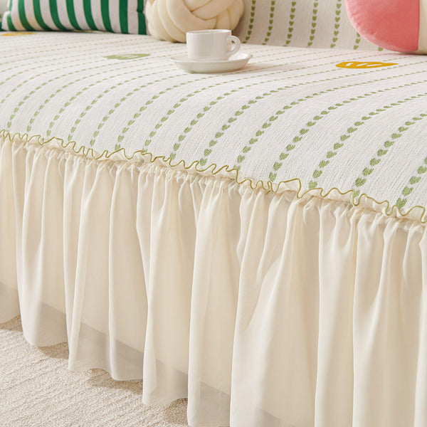 Cute Dotted Stripe Couch Protector, Non-Slip Washable Sofa Cover with Ruffled Skirt