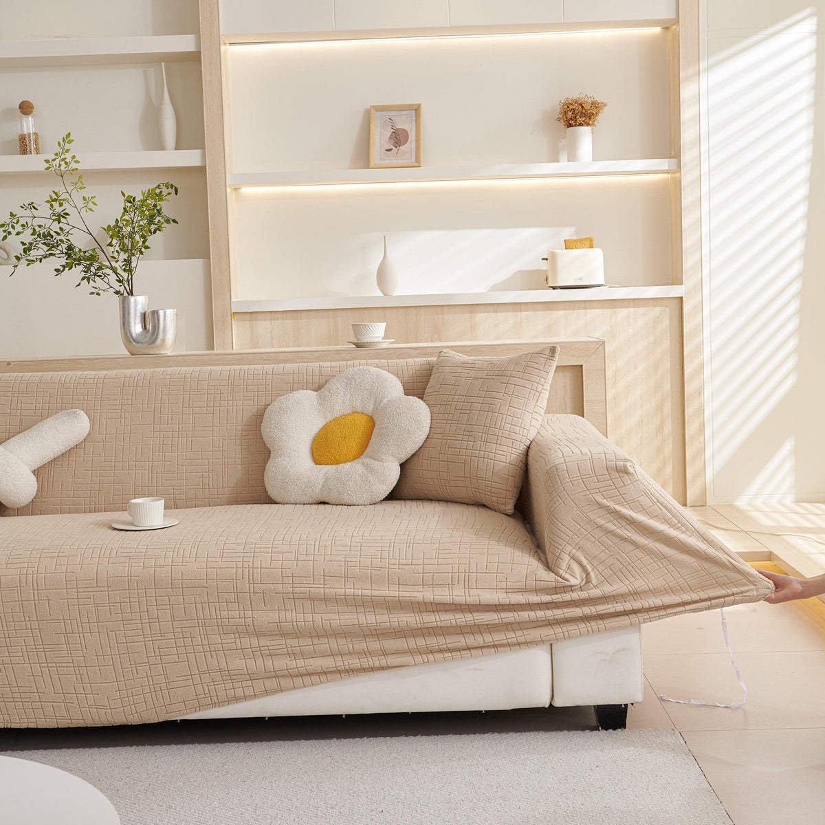 Embossed Lines Couch Covers Stretchable Non-Slip & Washable Sofa Slipcovers