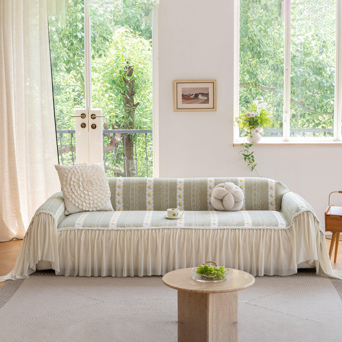 Daisy Striped Sofa Cover with Sheer Ruffle Skirt, Floral Soft Slipcover Blanket