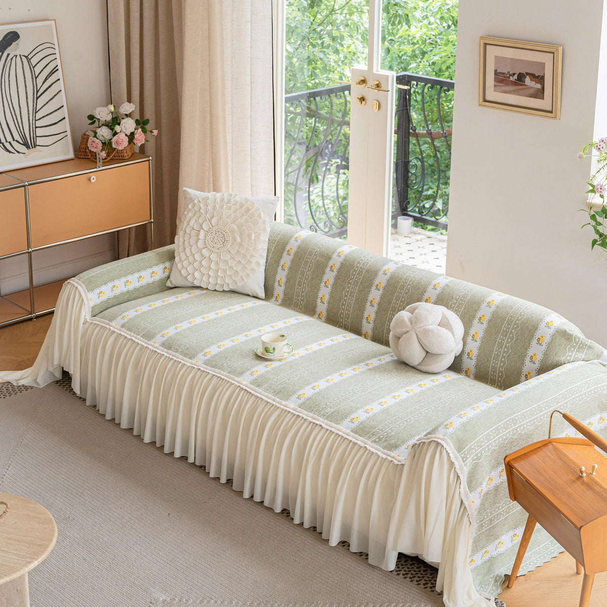 Daisy Striped Sofa Cover with Sheer Ruffle Skirt, Floral Soft Slipcover Blanket
