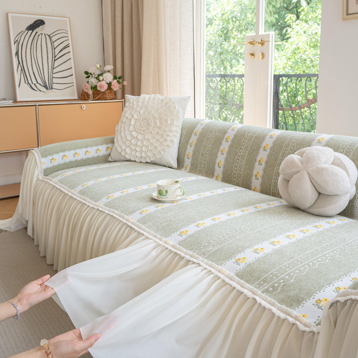 Daisy Striped Sofa Cover with Sheer Ruffle Skirt, Floral Soft Slipcover Blanket