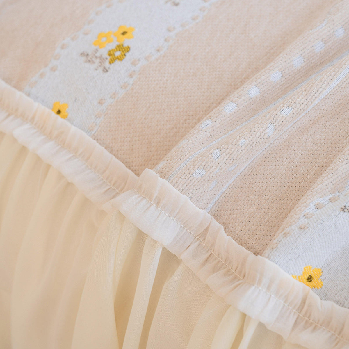 Daisy Striped Sofa Cover with Sheer Ruffle Skirt, Floral Soft Slipcover Blanket
