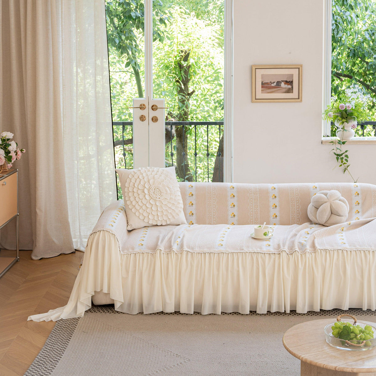 Daisy Striped Sofa Cover with Sheer Ruffle Skirt, Floral Soft Slipcover Blanket