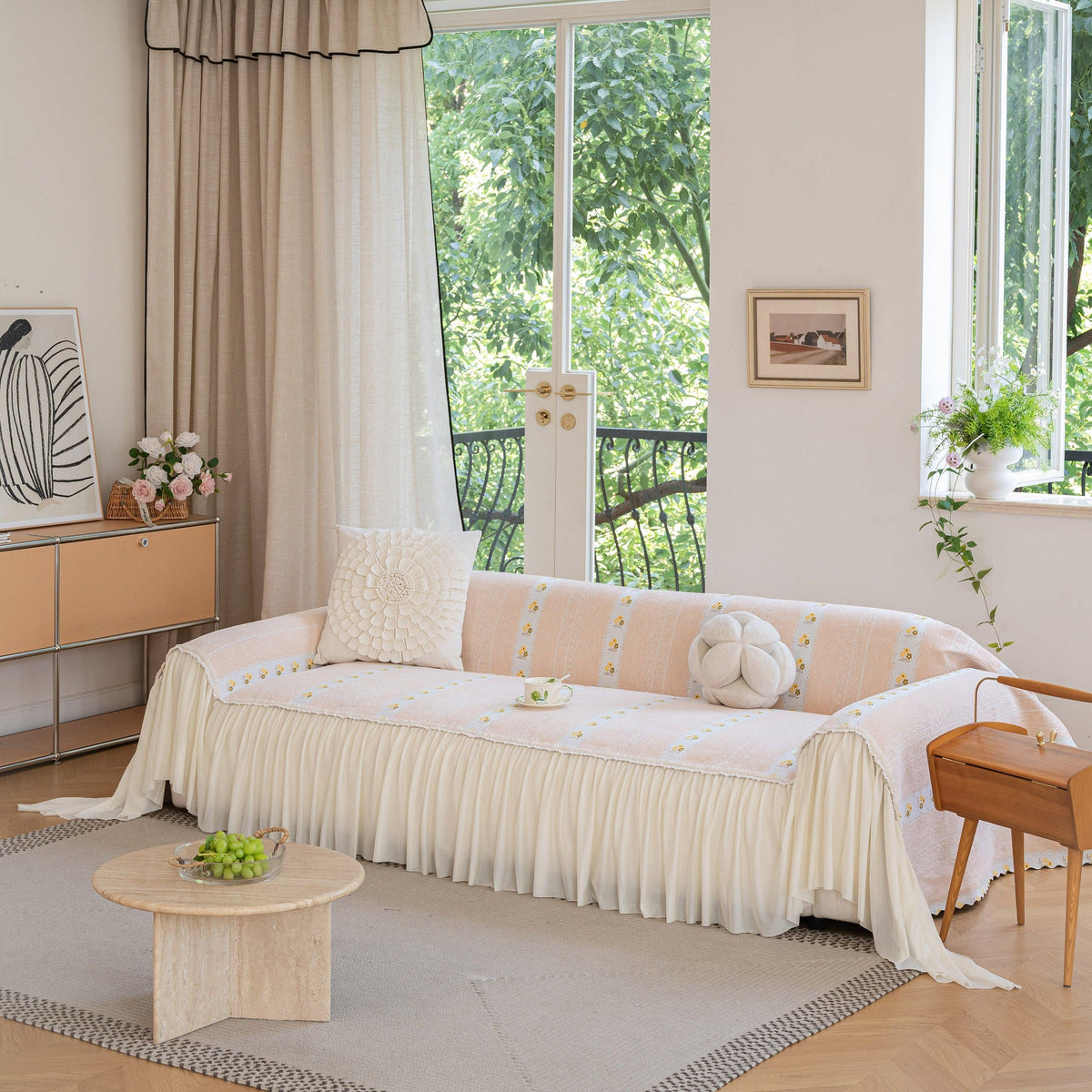 Daisy Striped Sofa Cover with Sheer Ruffle Skirt, Floral Soft Slipcover Blanket
