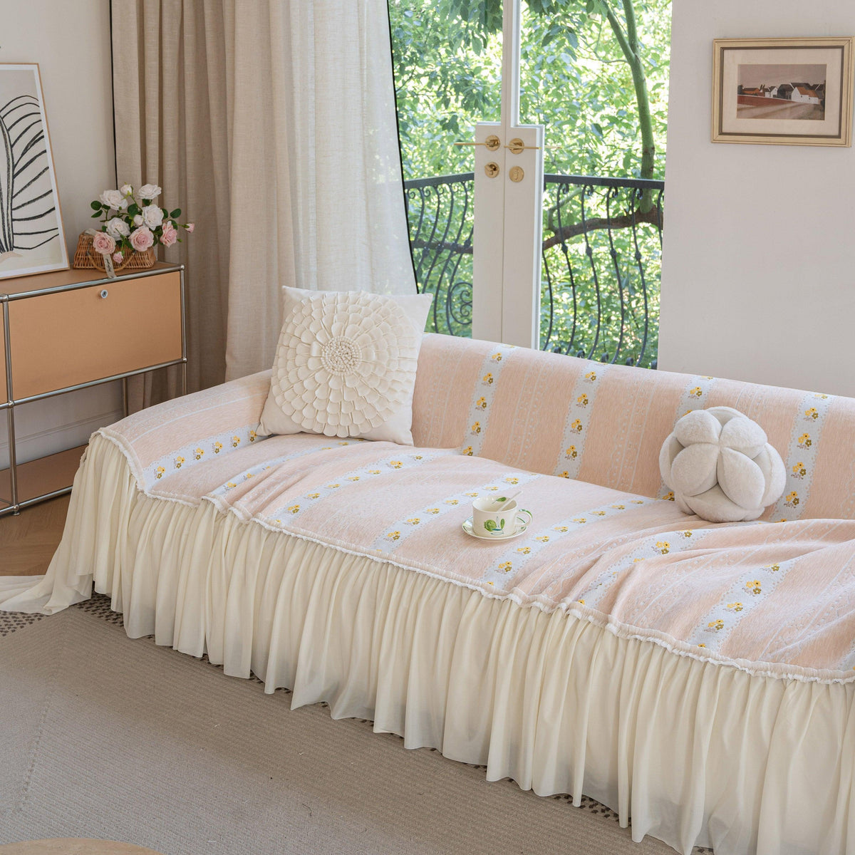 Daisy Striped Sofa Cover with Sheer Ruffle Skirt, Floral Soft Slipcover Blanket
