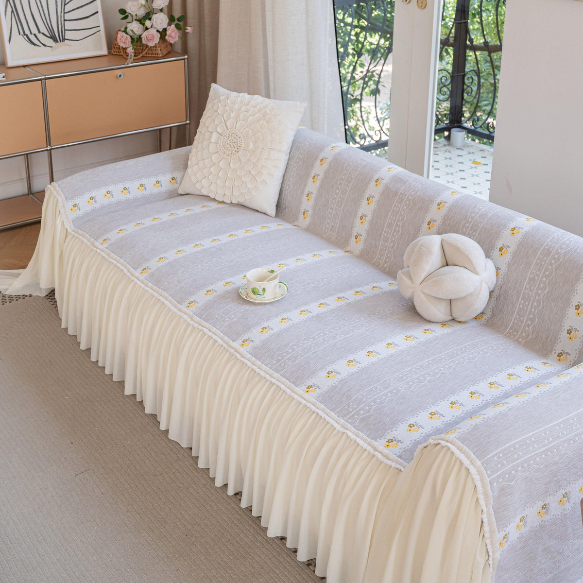 Daisy Striped Sofa Cover with Sheer Ruffle Skirt, Floral Soft Slipcover Blanket