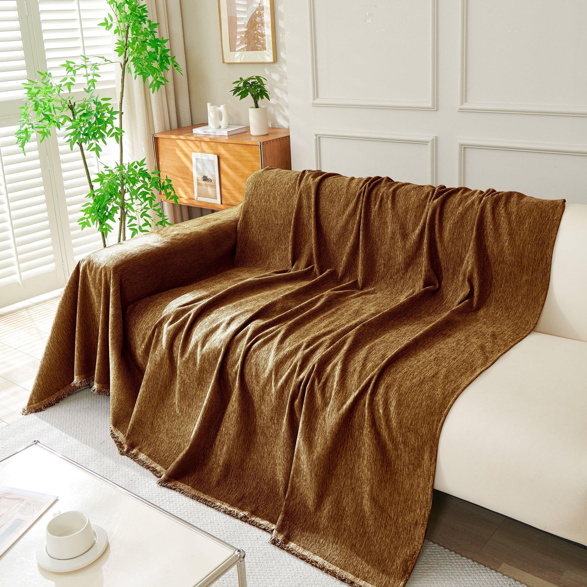 Solid Color Chenille Sofa Throw Blanket, Soft & Plush Decorative Couch Throw Cover