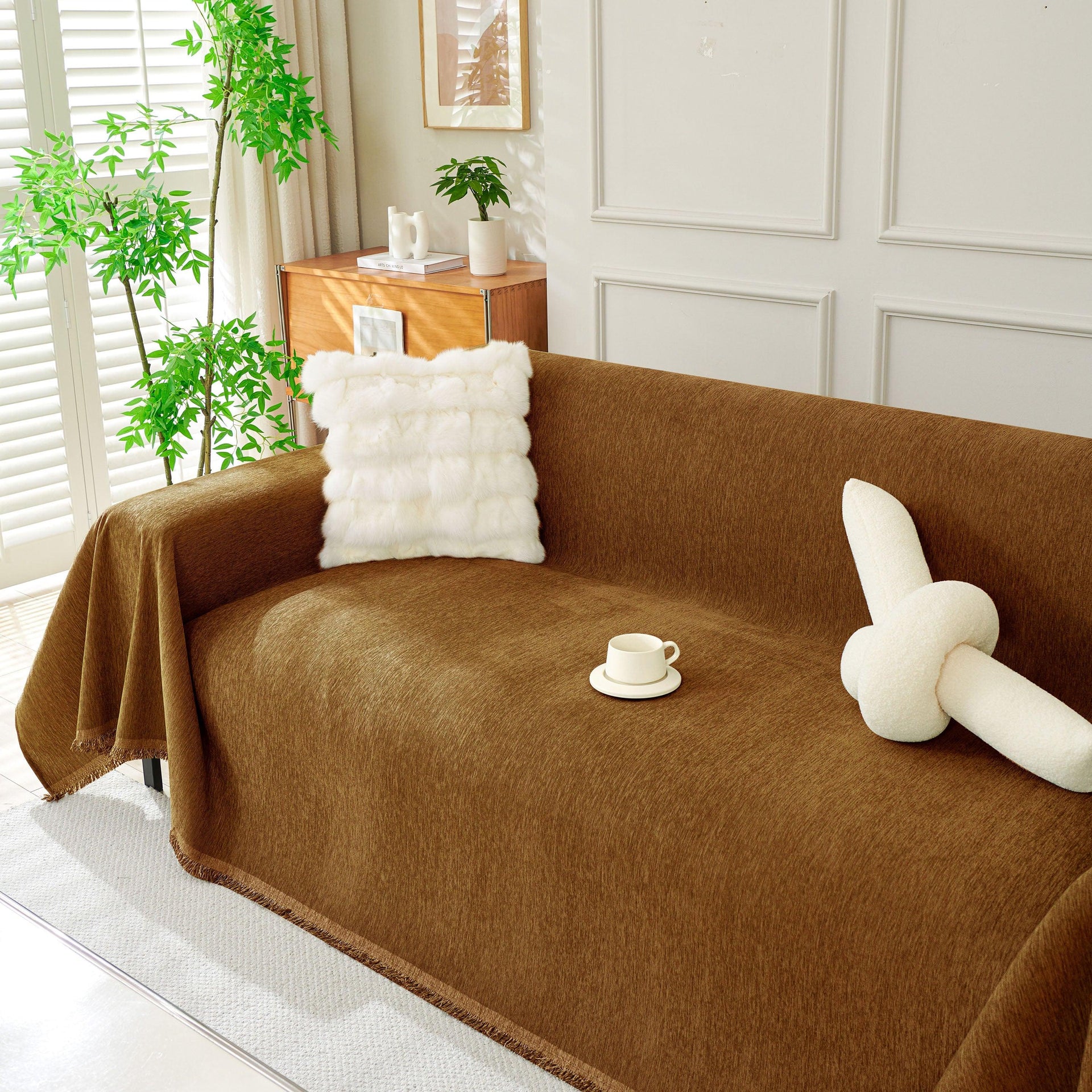 Solid Color Chenille Sofa Throw Blanket, Soft & Plush Decorative Couch Throw Cover