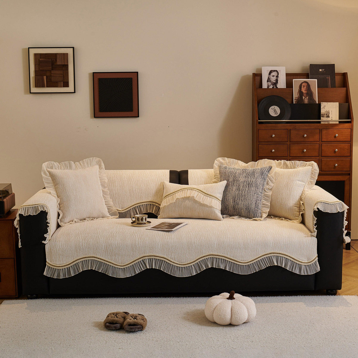 French Vintage Style Couch Cover with Skirt,  Non-Slip Sectional Furniture Covers