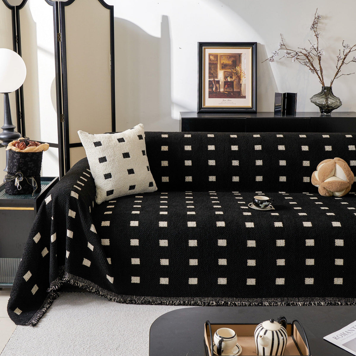 Sofa Throw Blanket with Woven Geometric Pattern & Tassels, Soft & Thick Couch Cover