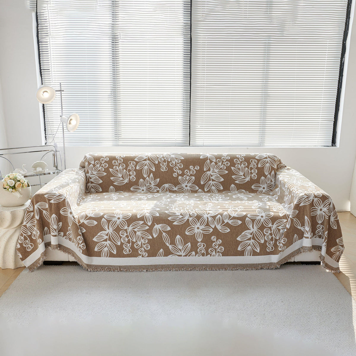 Floral Symphony Couch Throw Cover with Tassel, Chenille Sofa Cover with Leafy Melodies for Sectional