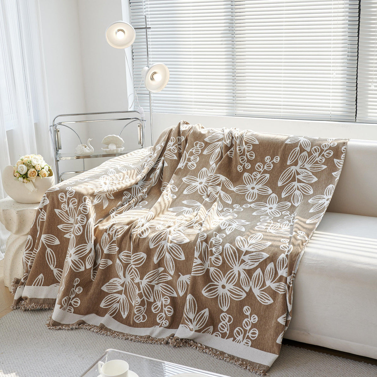 Floral Symphony Couch Throw Cover with Tassel, Chenille Sofa Cover with Leafy Melodies for Sectional