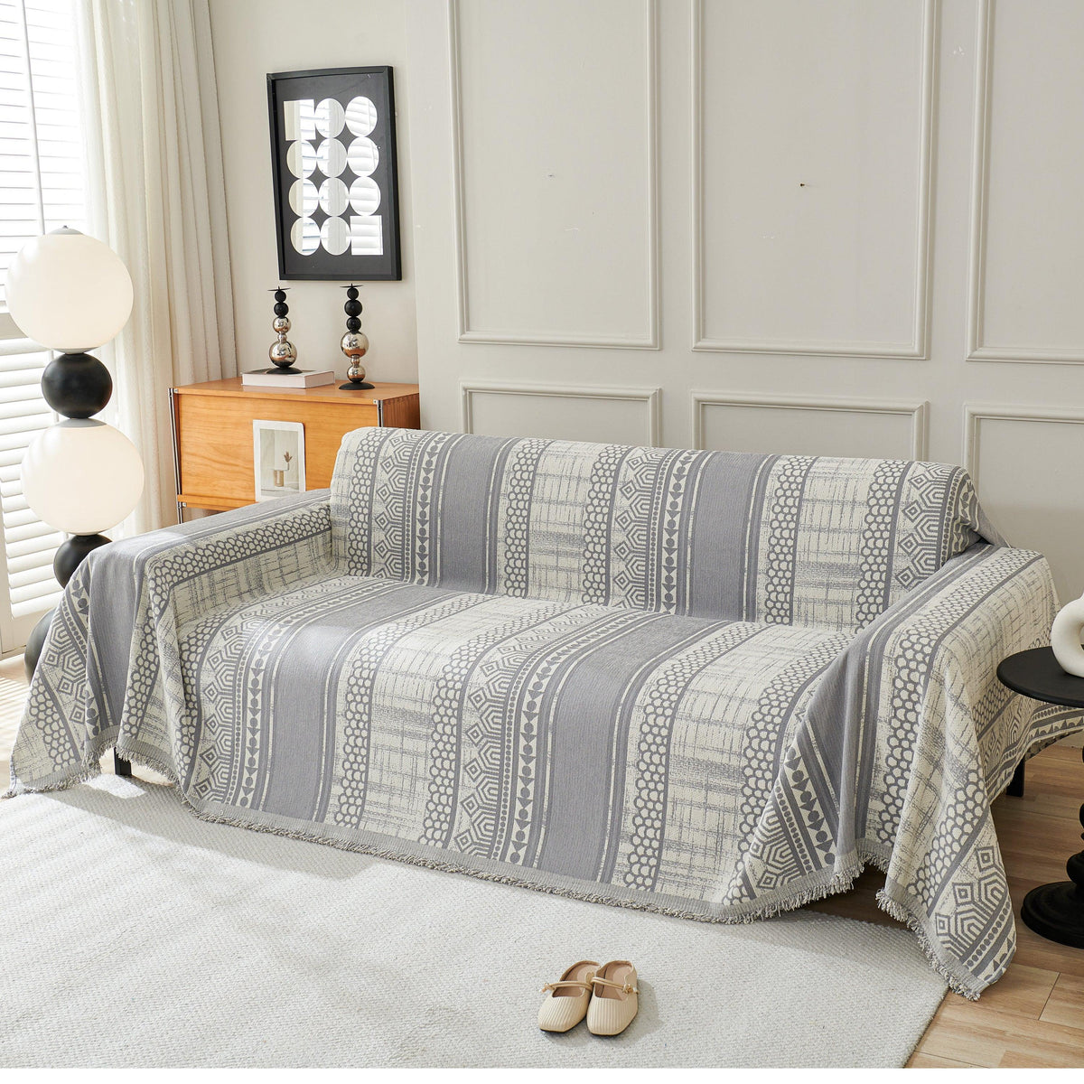 Chenille Sofa Cover Throw Blanket, Boho Geometric Scratch Proof Couch Protector