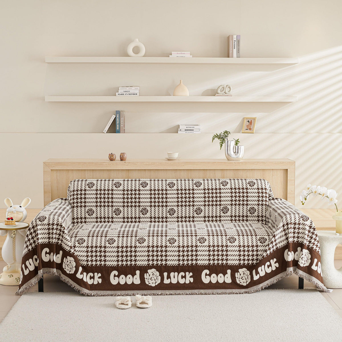 Chenille Houndstooth Sofa Throw Cover, Scratch Proof Cozy Throw Blankets for Couch