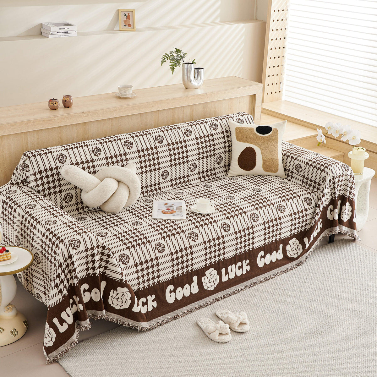 Chenille Houndstooth Sofa Throw Cover, Scratch Proof Cozy Throw Blankets for Couch