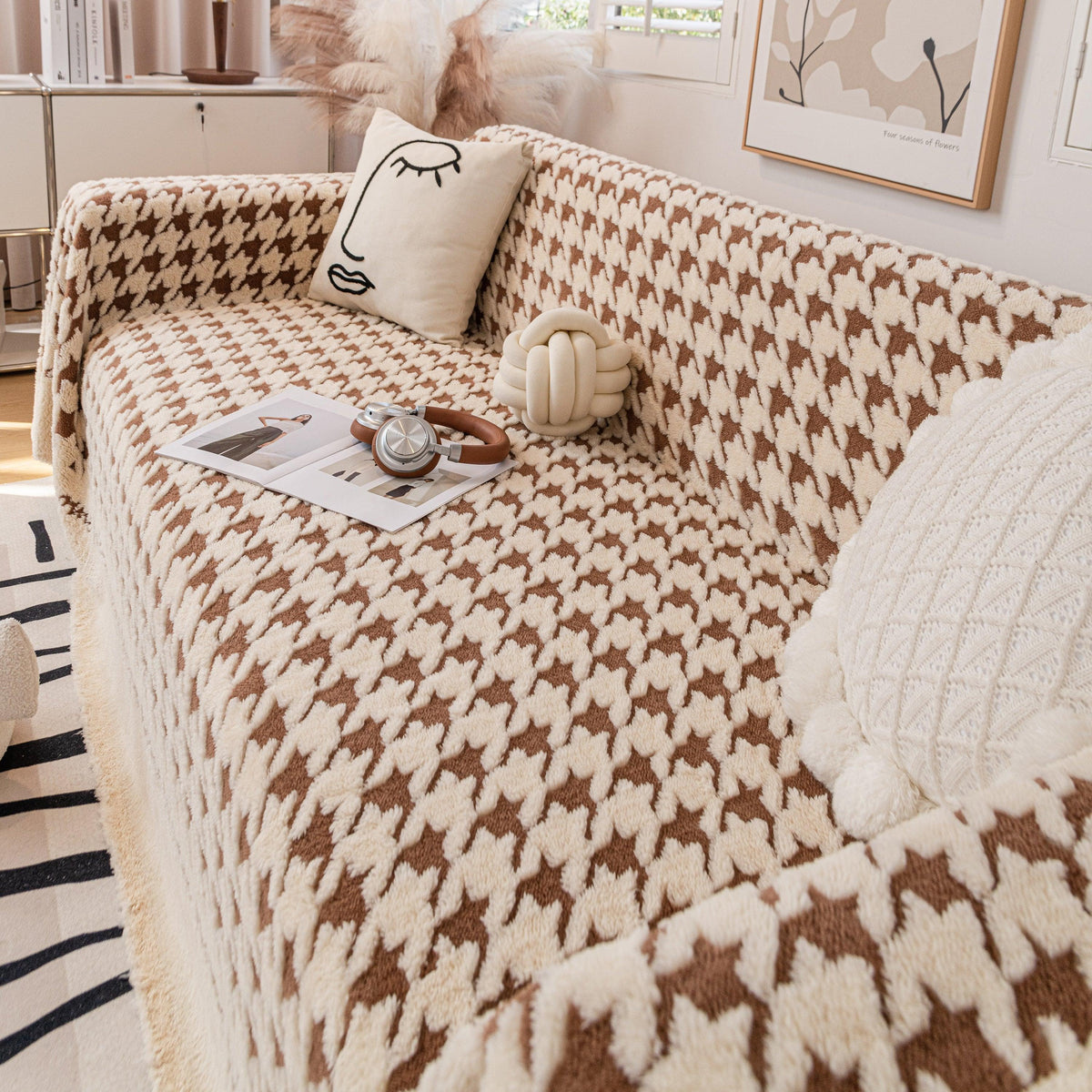 Jacquard Plush Houndstooth Sofa Throw Cover, Cover Throws for Sofas, Stylish Living Room Throws