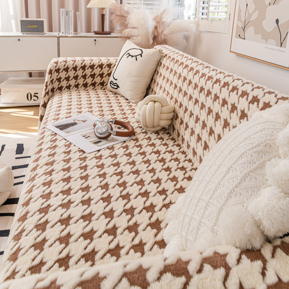 Jacquard Plush Houndstooth Sofa Throw Cover, Cover Throws for Sofas, Stylish Living Room Throws
