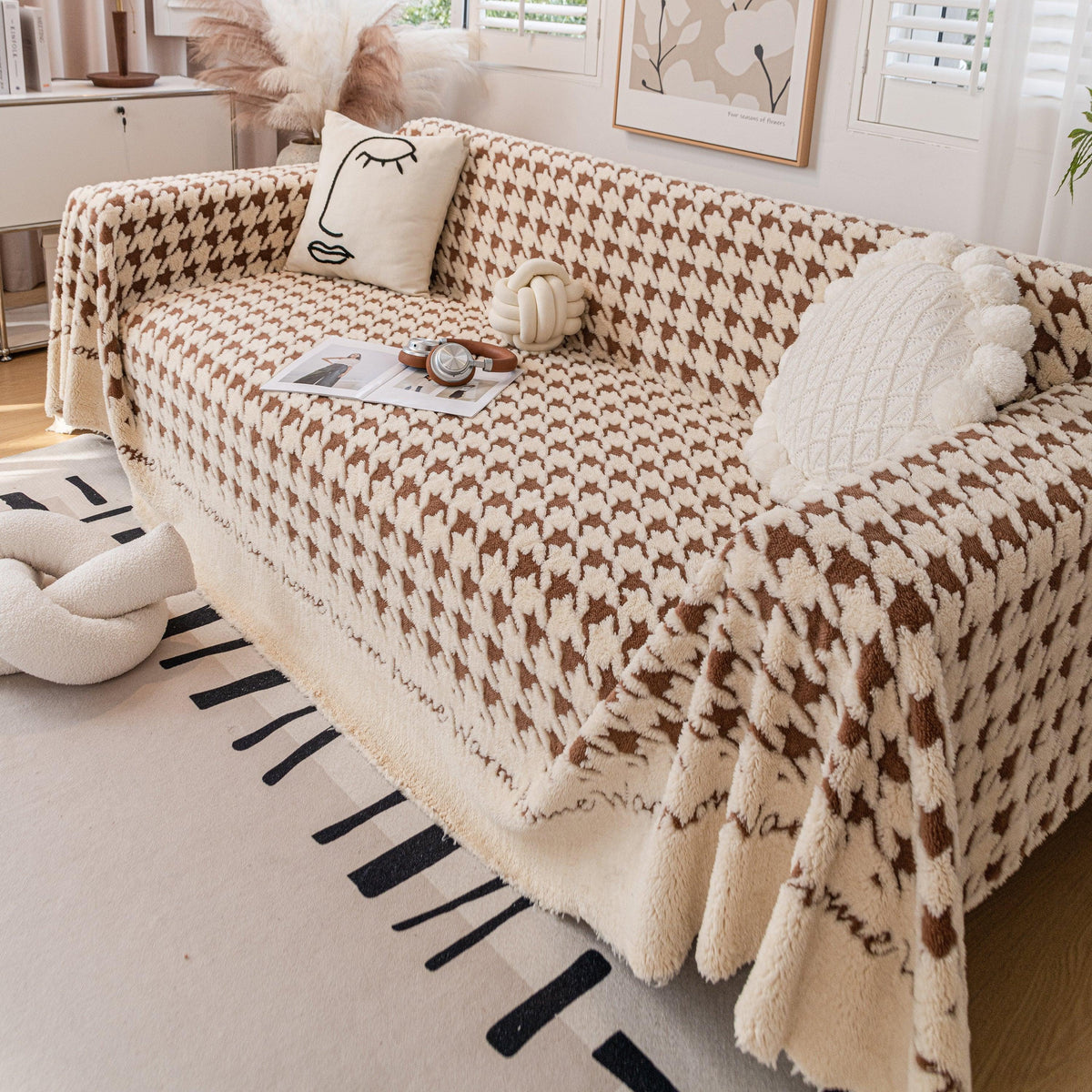 Jacquard Plush Houndstooth Sofa Throw Cover, Cover Throws for Sofas, Stylish Living Room Throws