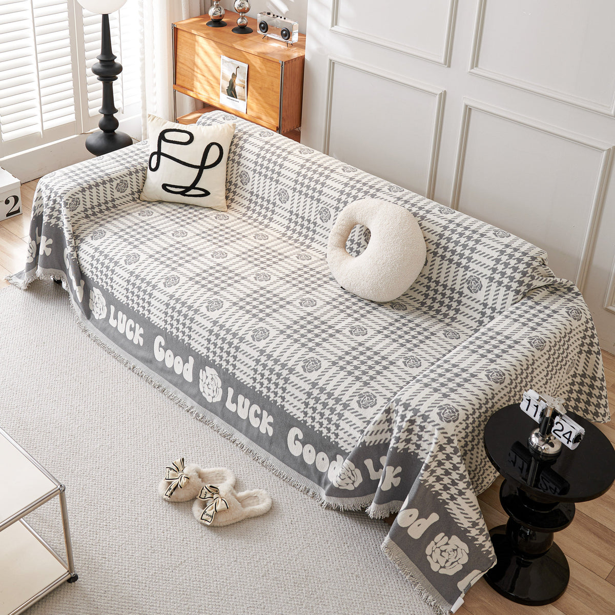 Chenille Houndstooth Sofa Throw Cover, Scratch Proof Cozy Throw Blankets for Couch