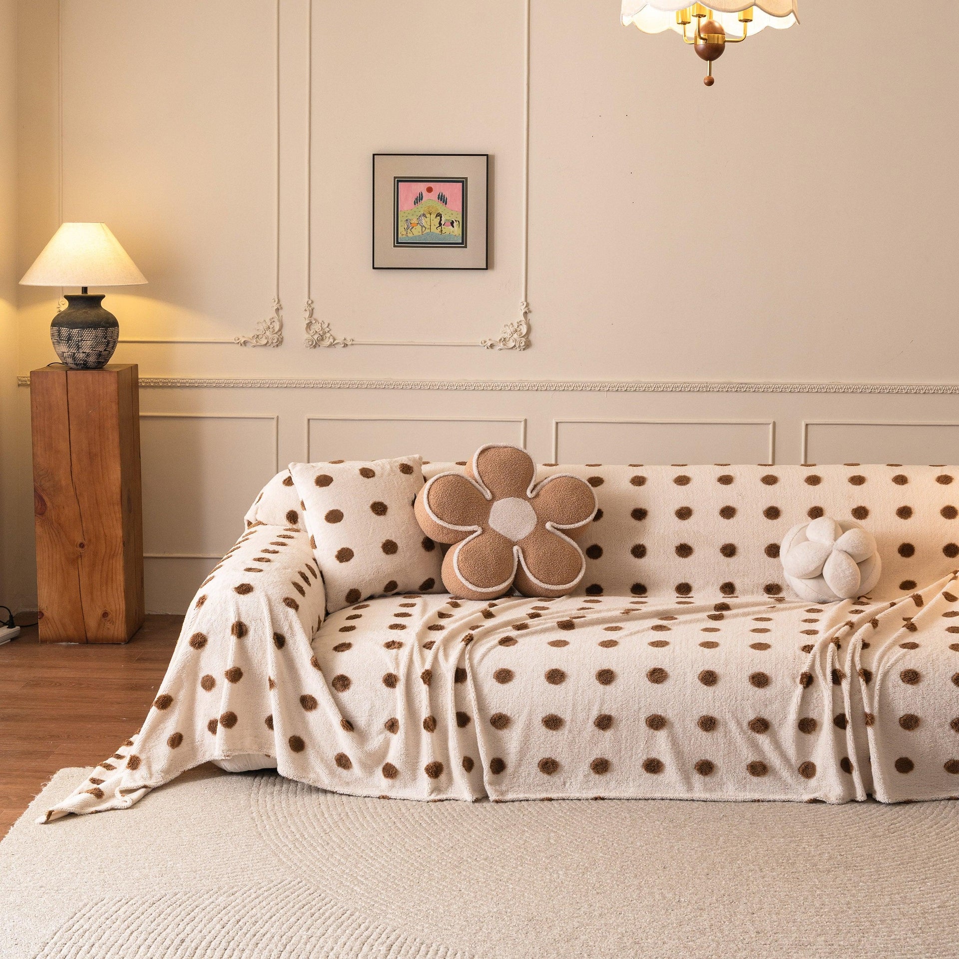 Plush Fleece Sofa Cover Throw, Soft Textured Polka Dot Couch Protector Blanket for Pets